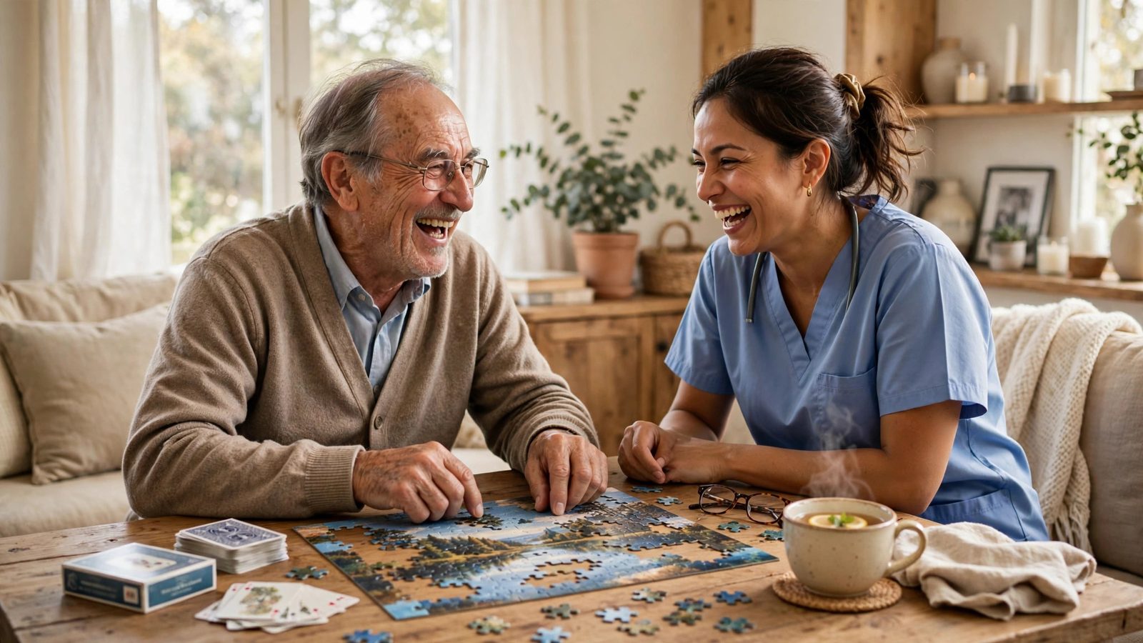 A senior man and his caregiver laughing together over a jigsaw puzzle