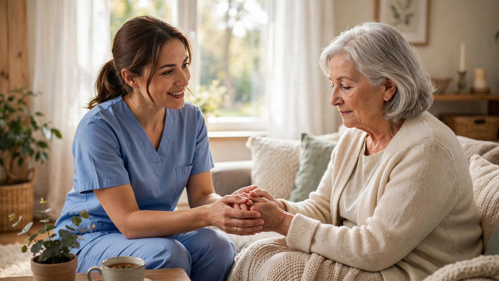 A caregiver gently holding the hands of a senior woman living with dementia