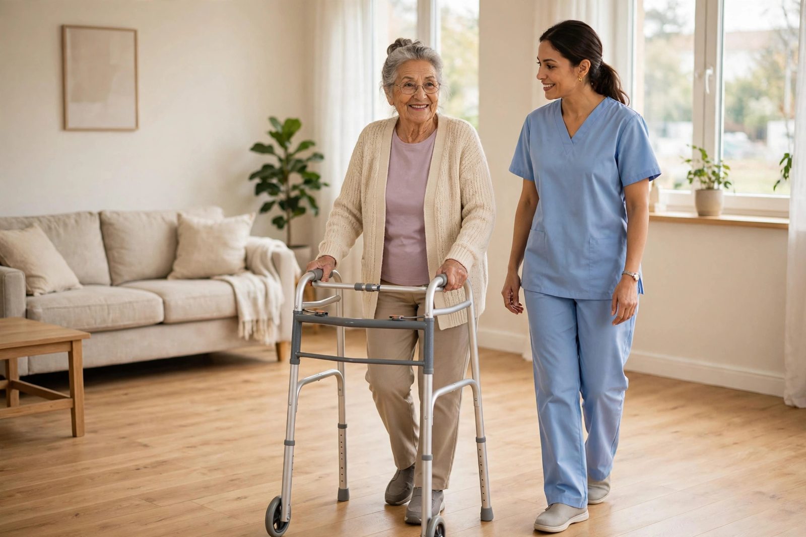A senior woman walking safely with a walker in a bright, clutter-free living room