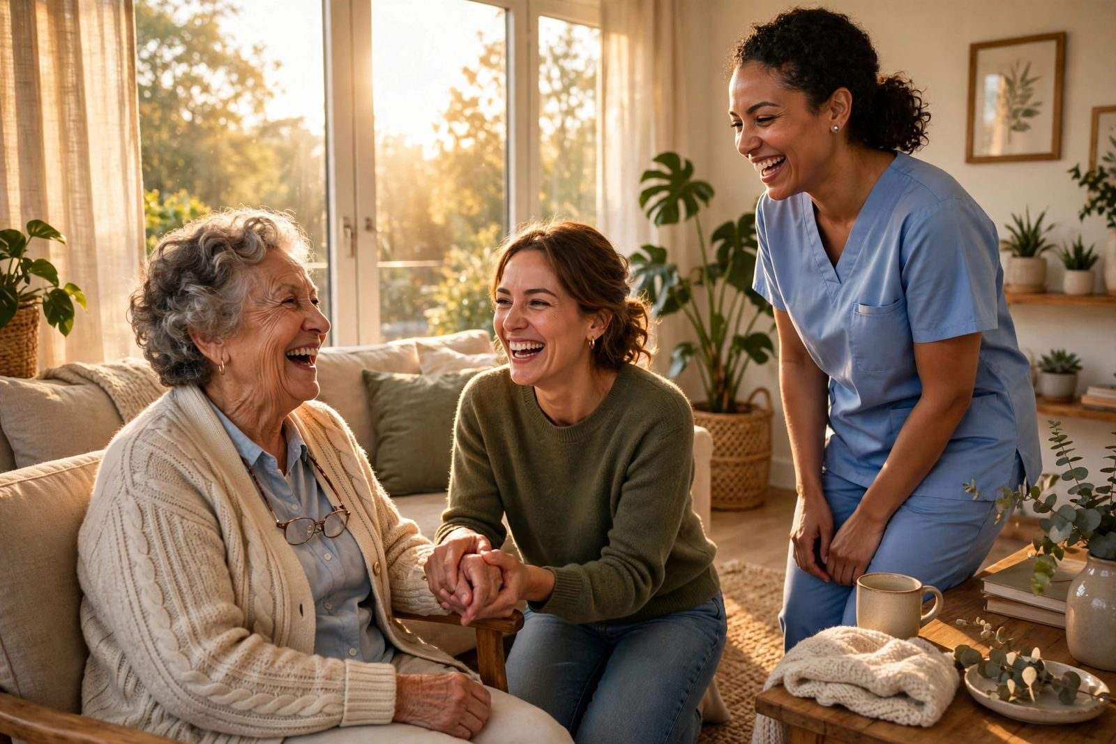 A senior woman laughing at home with her daughter and her Med Help USA caregiver