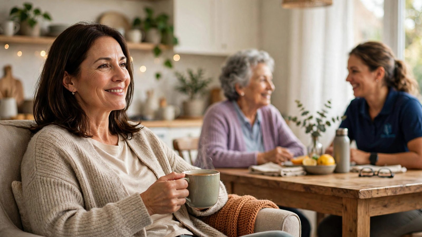 A daughter relaxing with a cup of tea while a caregiver spends time with her mother