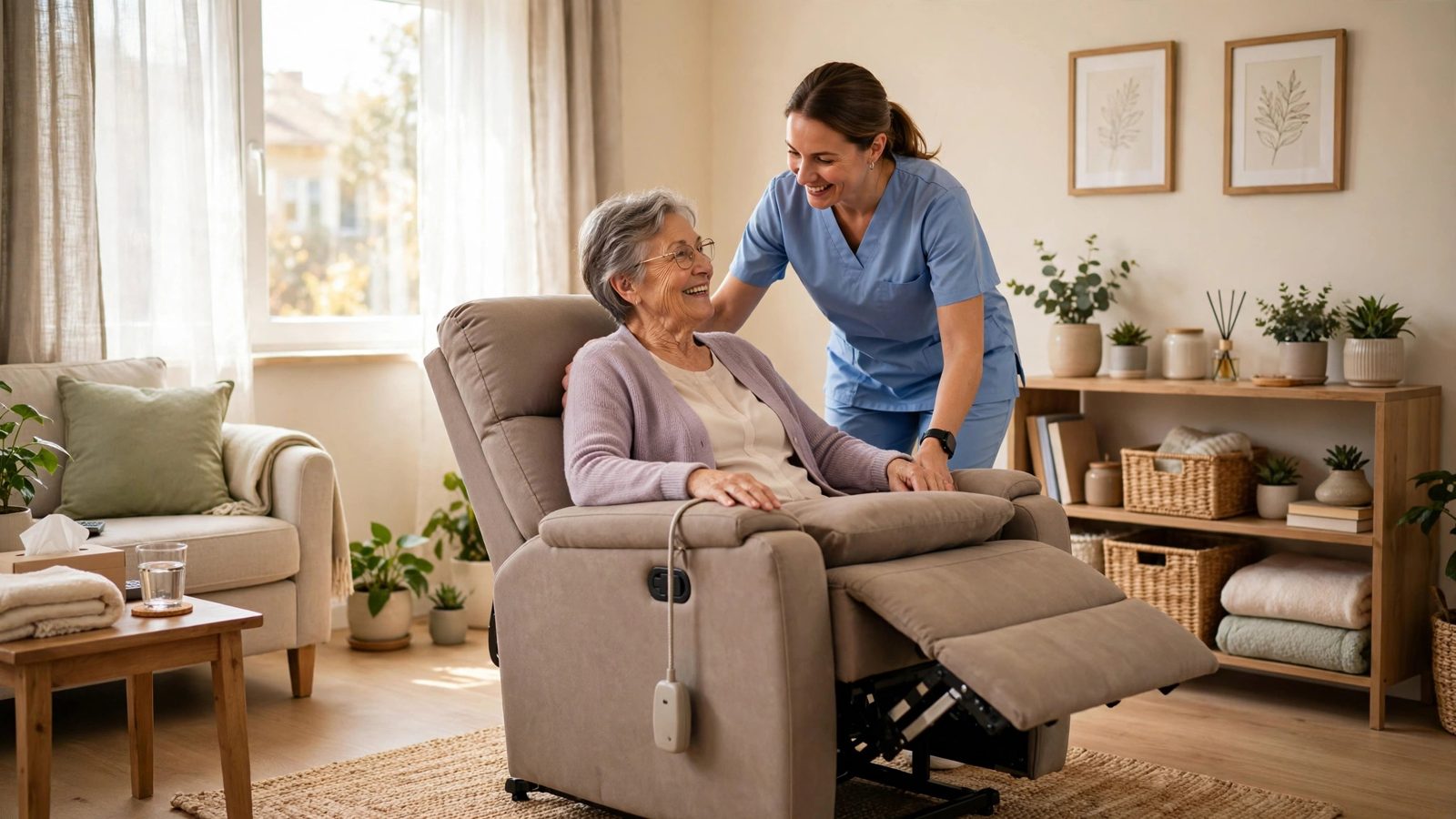 A caregiver helping a senior woman settle into a lift chair in a tidy small apartment