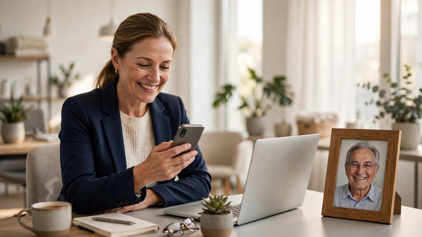 A working daughter smiling at a care update on her phone, her father's photo on her desk