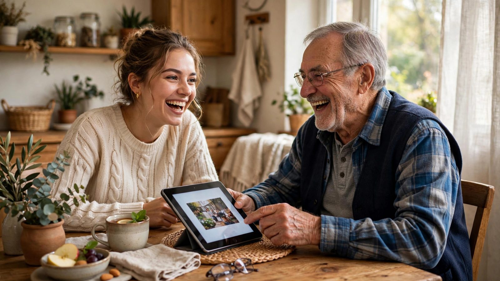 A young woman laughing with her grandfather as they look at a tablet together