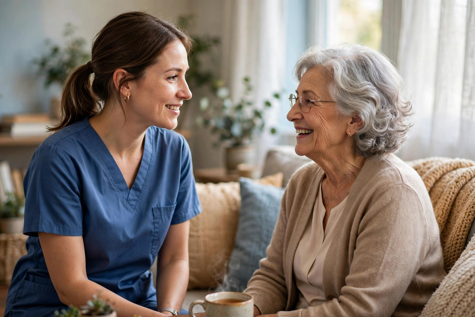 Caregiver smiling with a senior at home